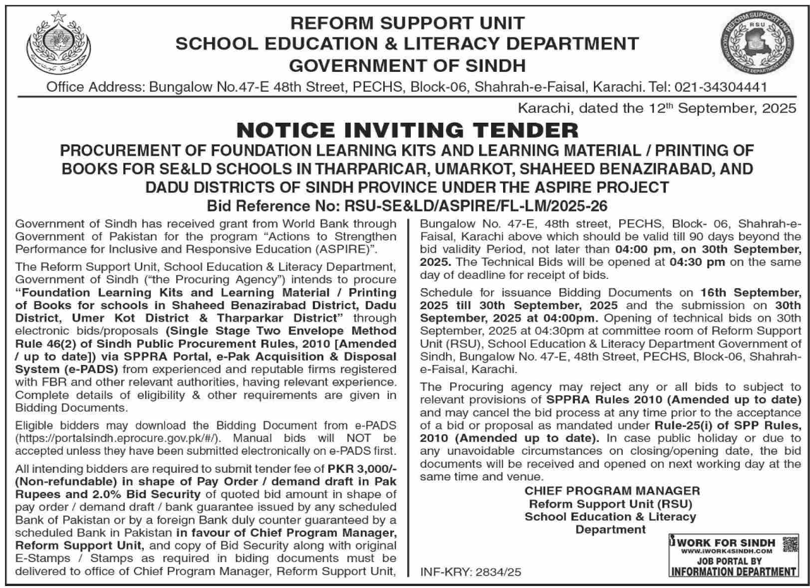 School Education & Literacy Department Karachi Tender Notice